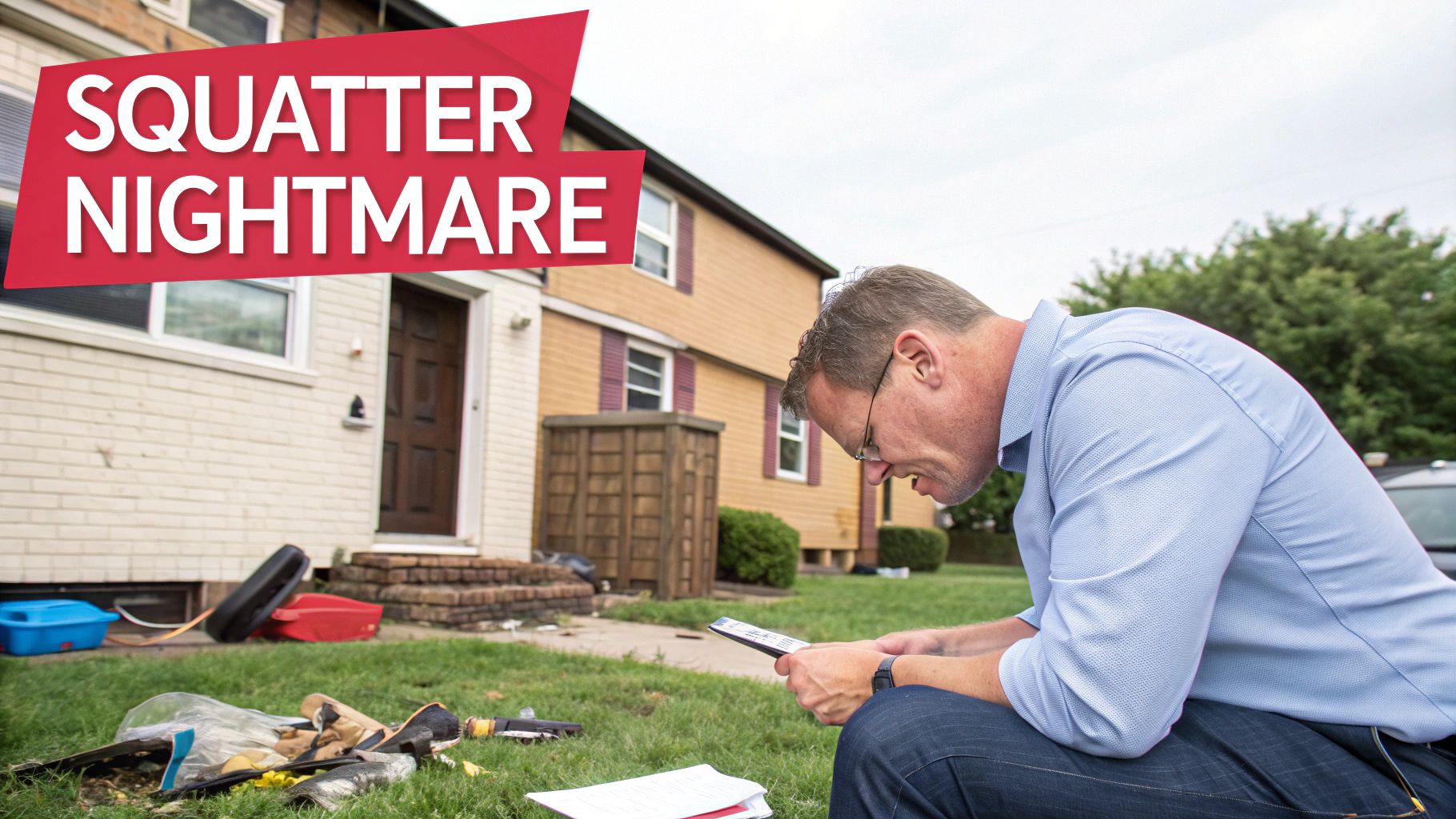 A frustrated landlord looking at legal documents with a rental property in the background.