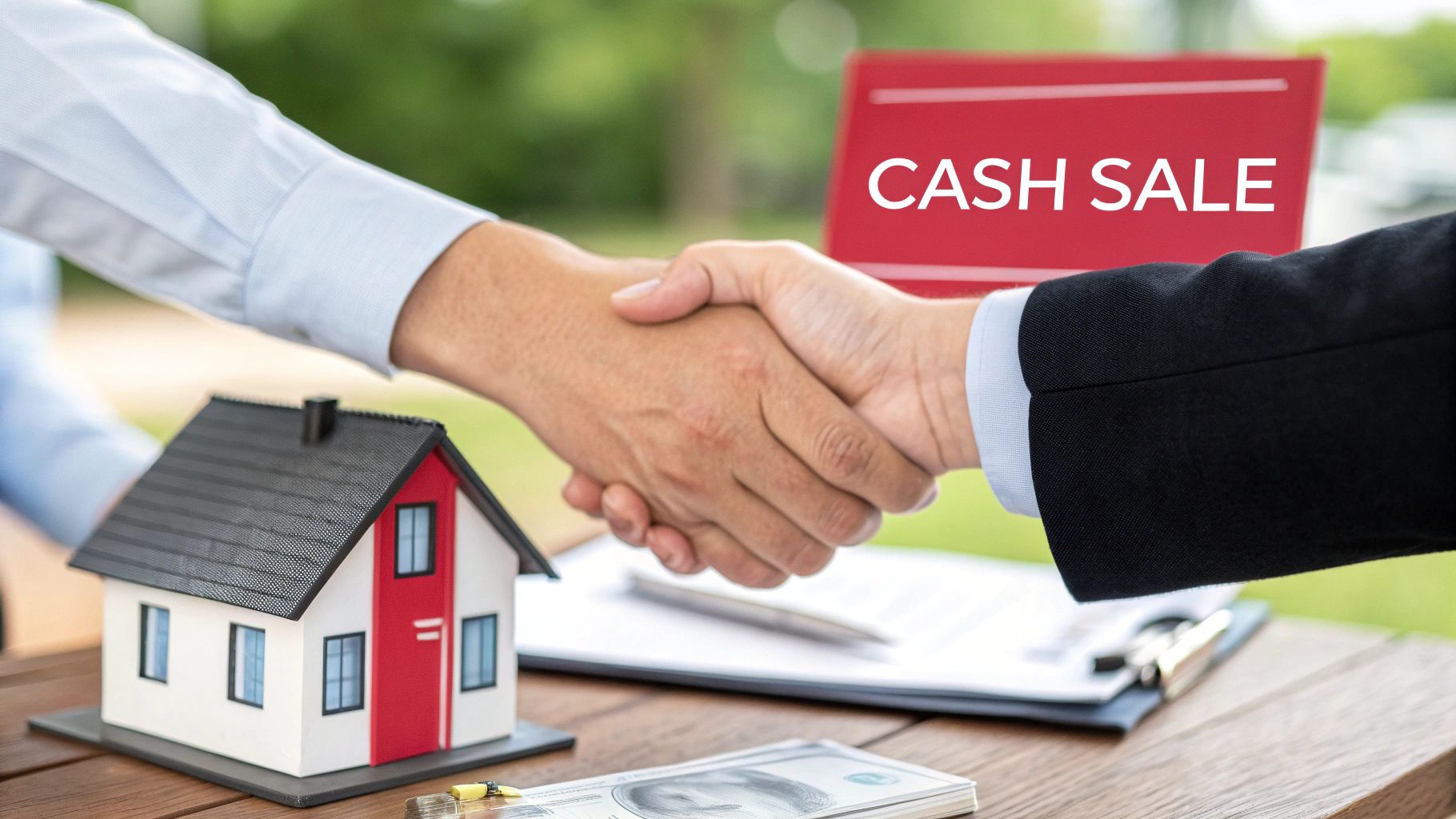 A smiling couple receiving a cash offer for their home in Cleveland.