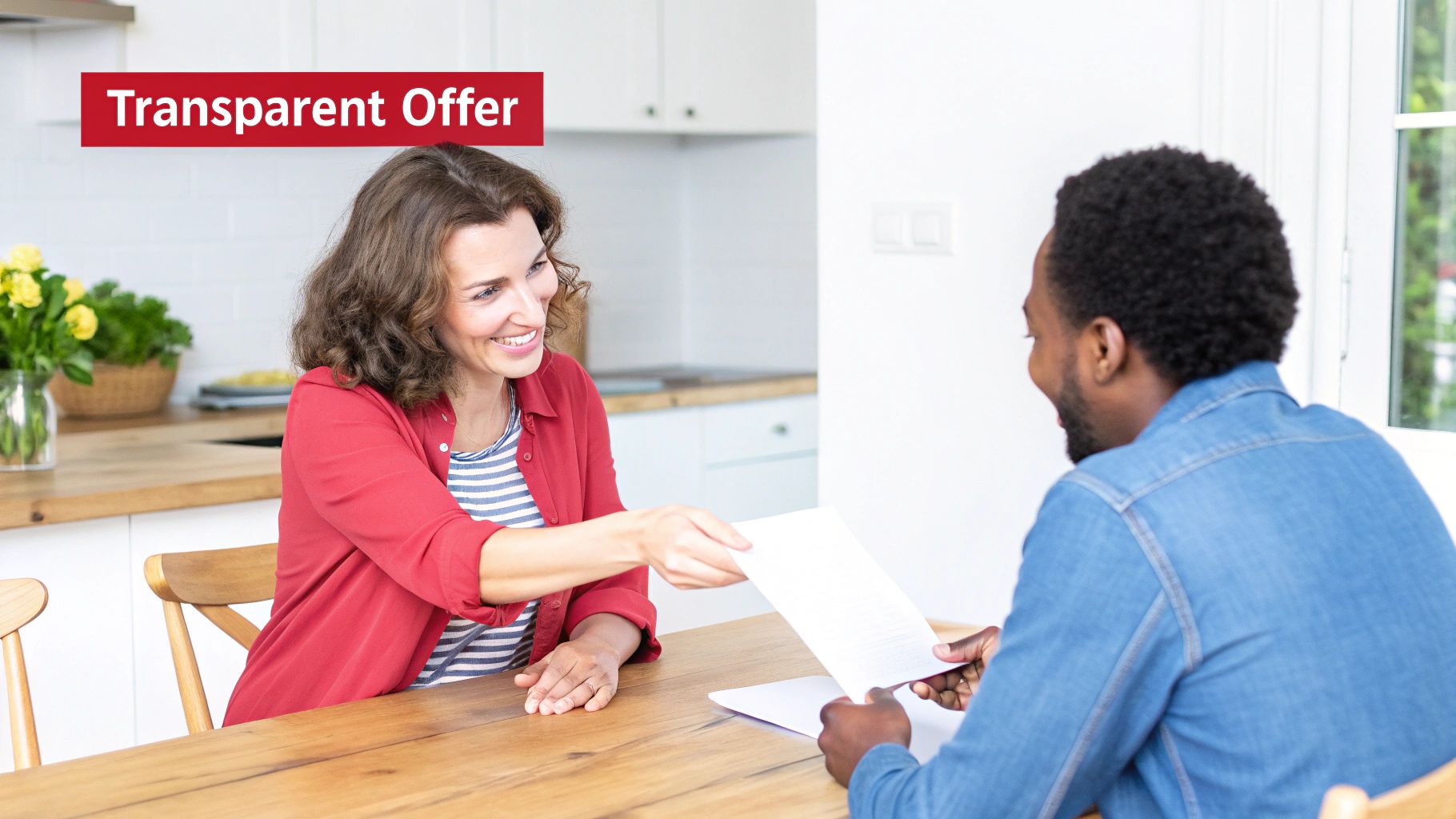 A smiling woman hands a document to a man at a table, discussing a transparent offer.