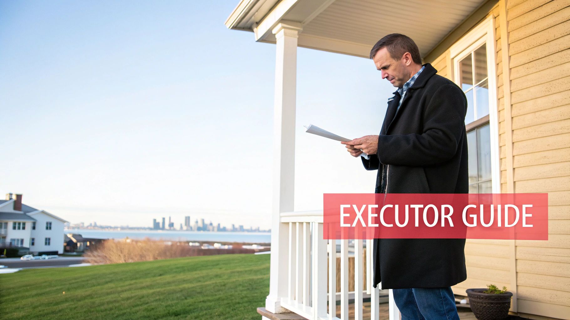 A man in a black coat reads documents on a house porch overlooking a distant city skyline.