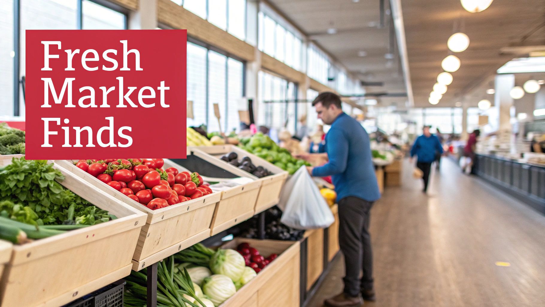 A person shops for fresh produce including tomatoes and greens at a bright, indoor market.