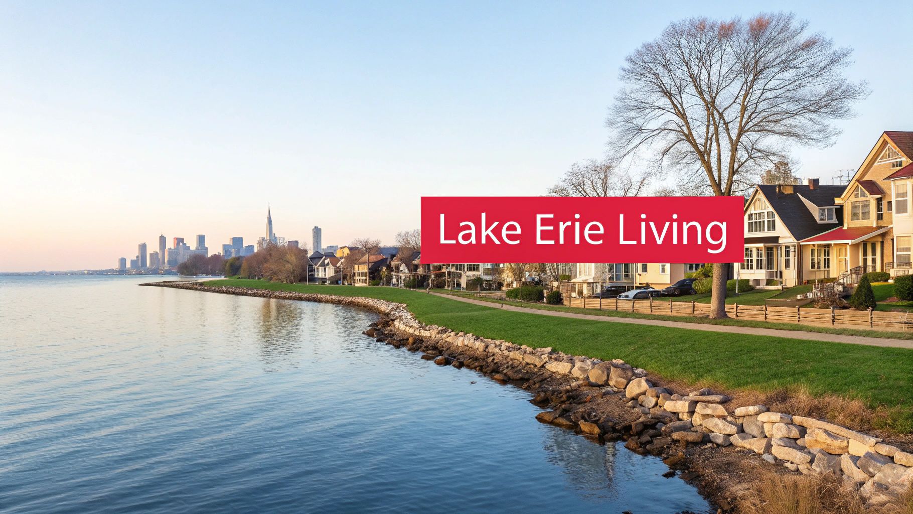 A scenic view of Lake Erie shoreline with a city skyline, lakeside houses, and the text 'Lake Erie Living'.