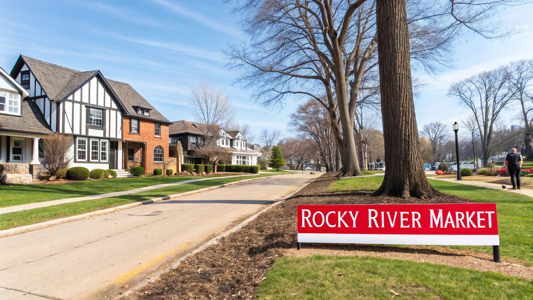 A scenic residential street in Rocky River with houses, bare trees, and a 'Rocky River Market' sign.