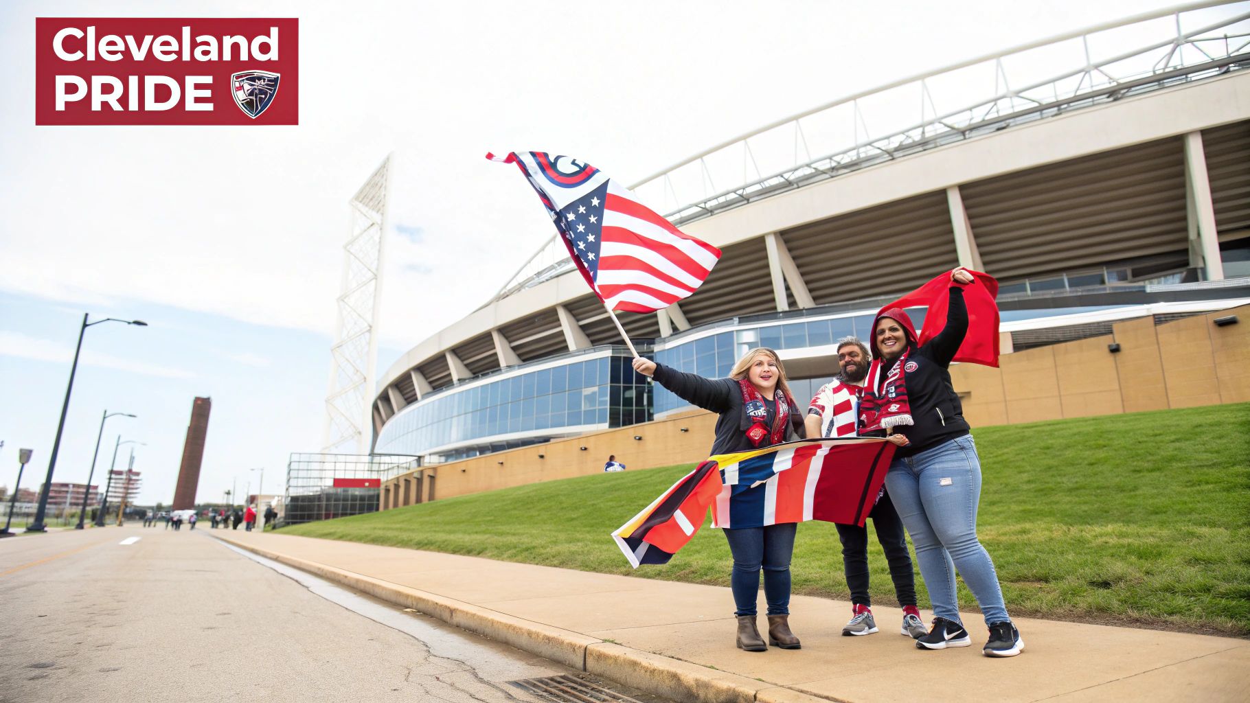 Three happy fans wave Cleveland-themed flags and scarves in front of a stadium, showing team pride.