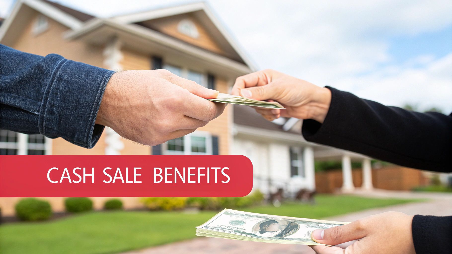 Two hands shaking over a table with house keys on it, symbolizing a quick and clean transaction.