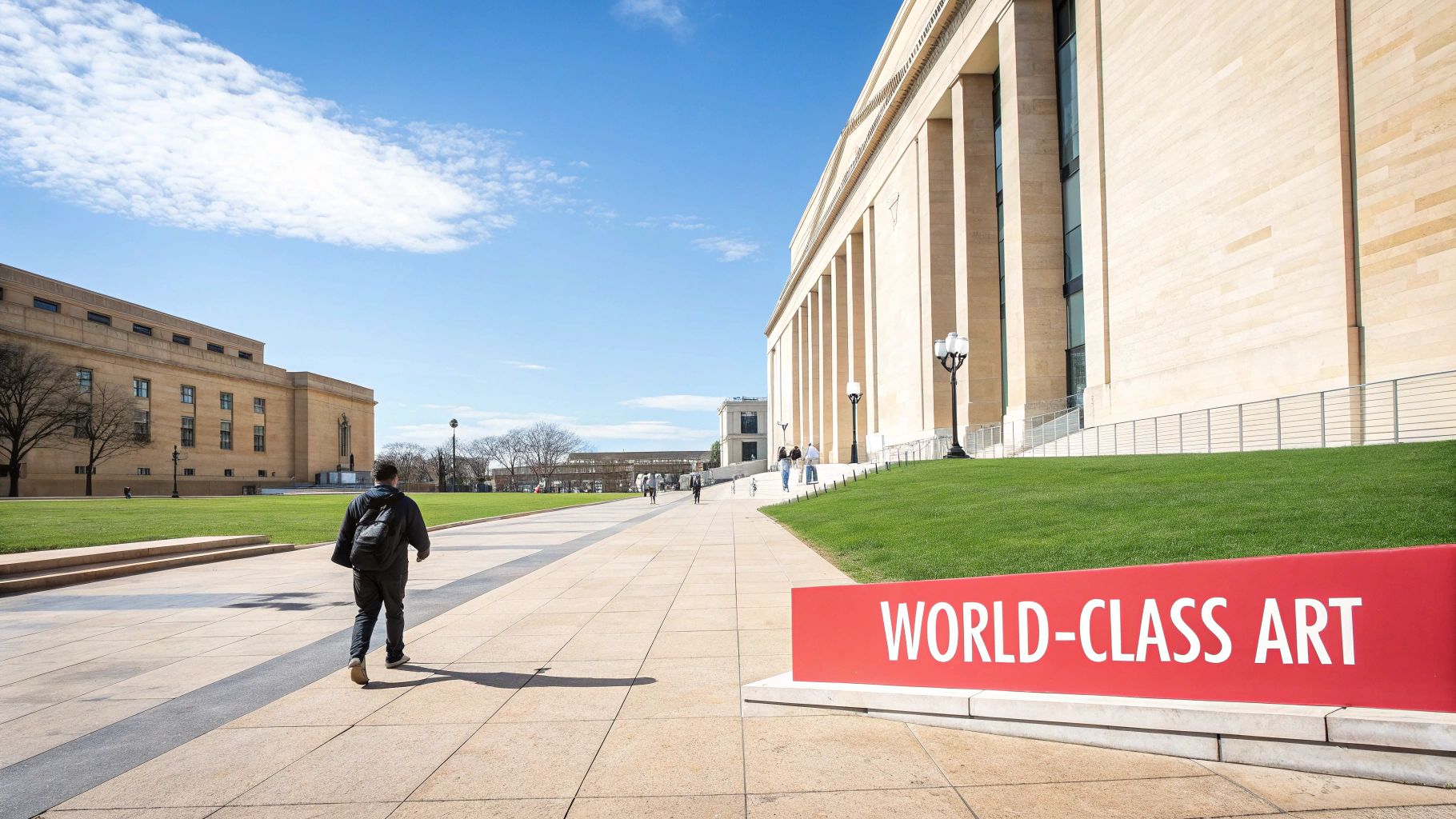 A man walks past large, ornate buildings and a sign that reads "WORLD-CLASS ART" on a sunny day.