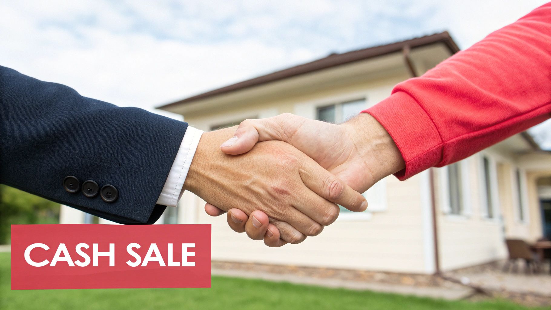 Two people shaking hands in front of a house with a 'CASH SALE' banner, symbolizing a property transaction.