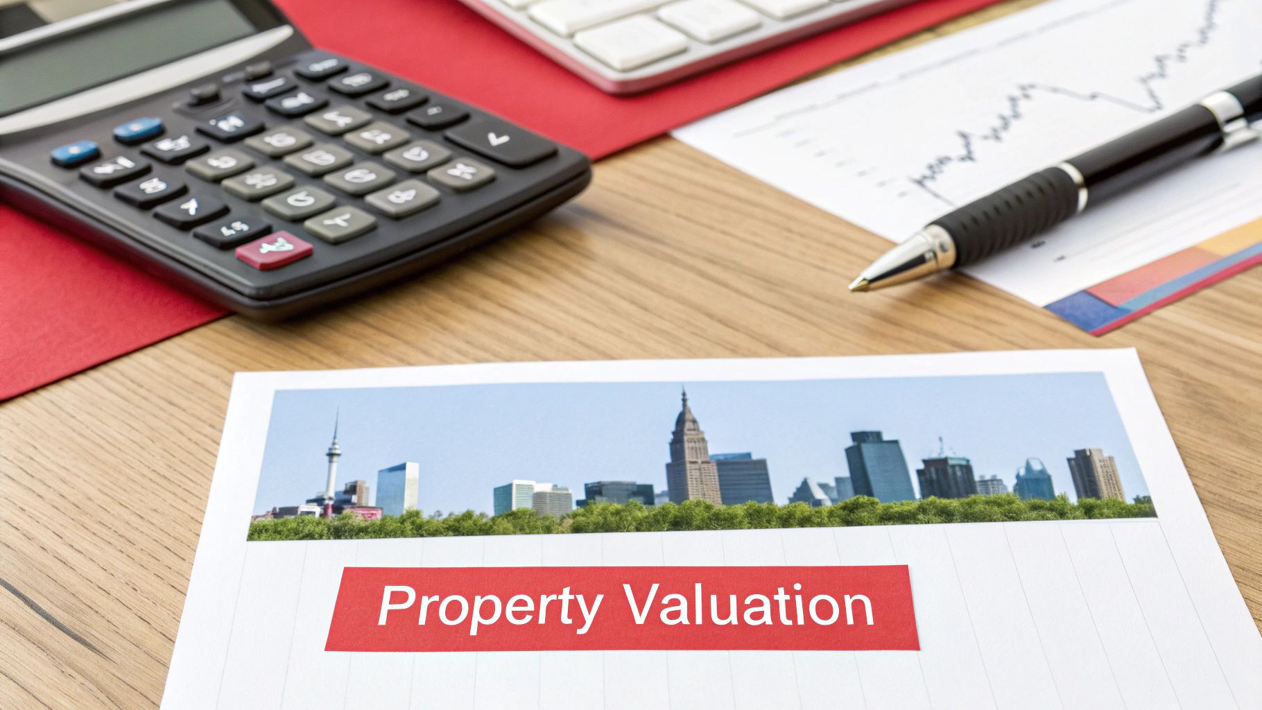 A document titled 'Property Valuation' with a cityscape, next to a calculator and a pen on a wooden desk.