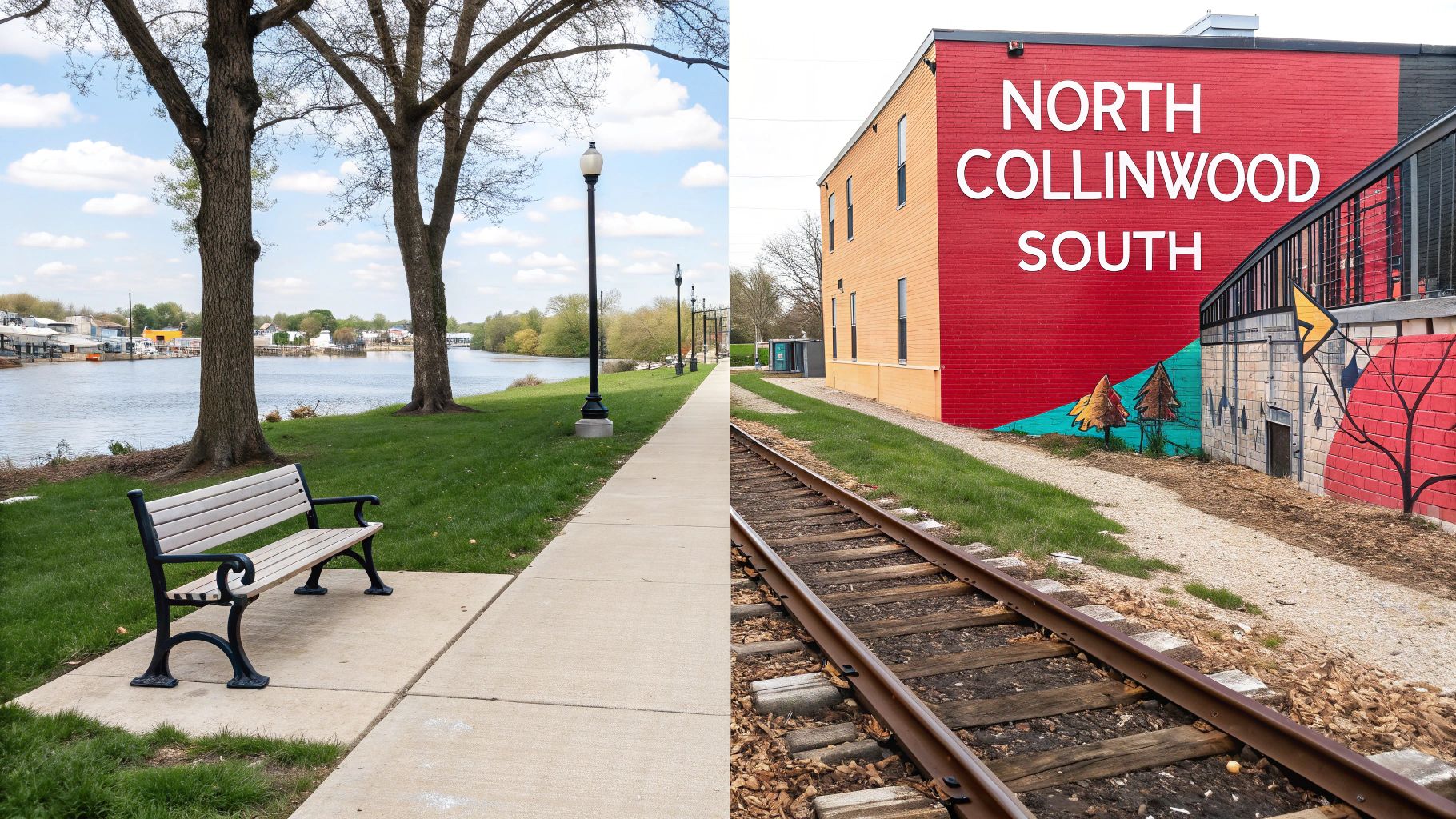 Split image of a riverside park with a bench, and a red building labeled 'NORTH COLLINWOOD SOUTH' with train tracks.