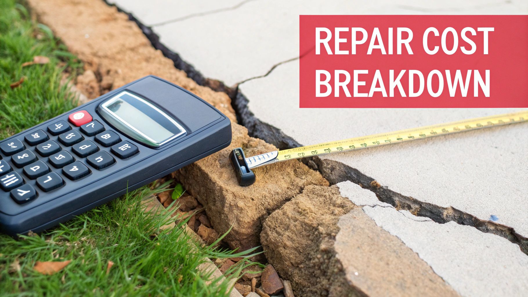 A construction worker measures the foundation of a home, indicating a repair is in progress.