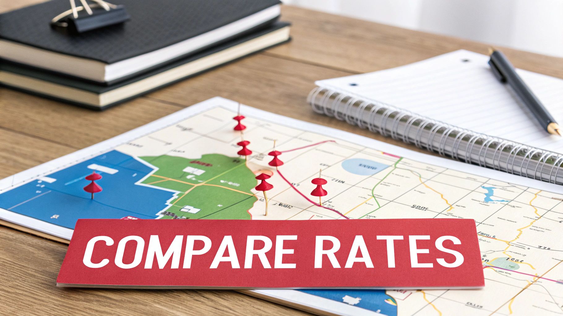 A red card with 'COMPARE RATES' on a map with pushpins, alongside notebooks and a pen.
