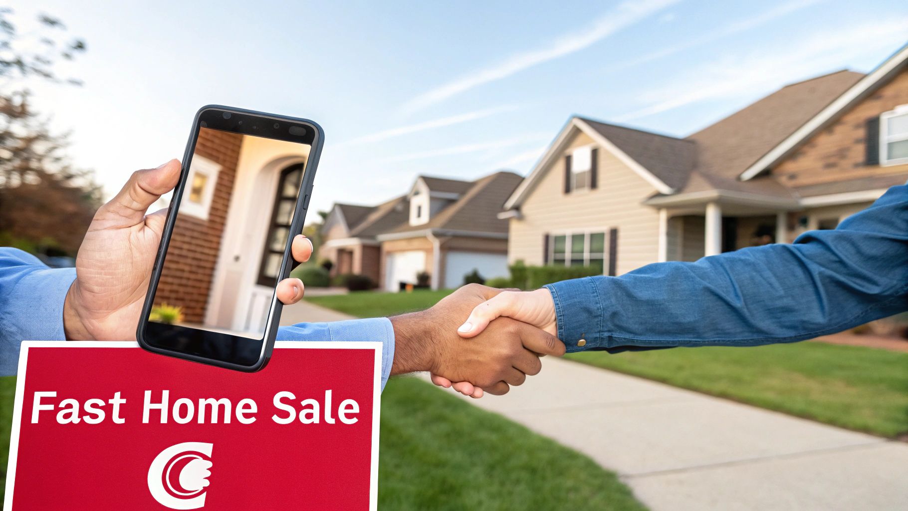 Two people shaking hands over a 'Fast Home Sale' sign, with a smartphone displaying a house and suburban homes in the background.