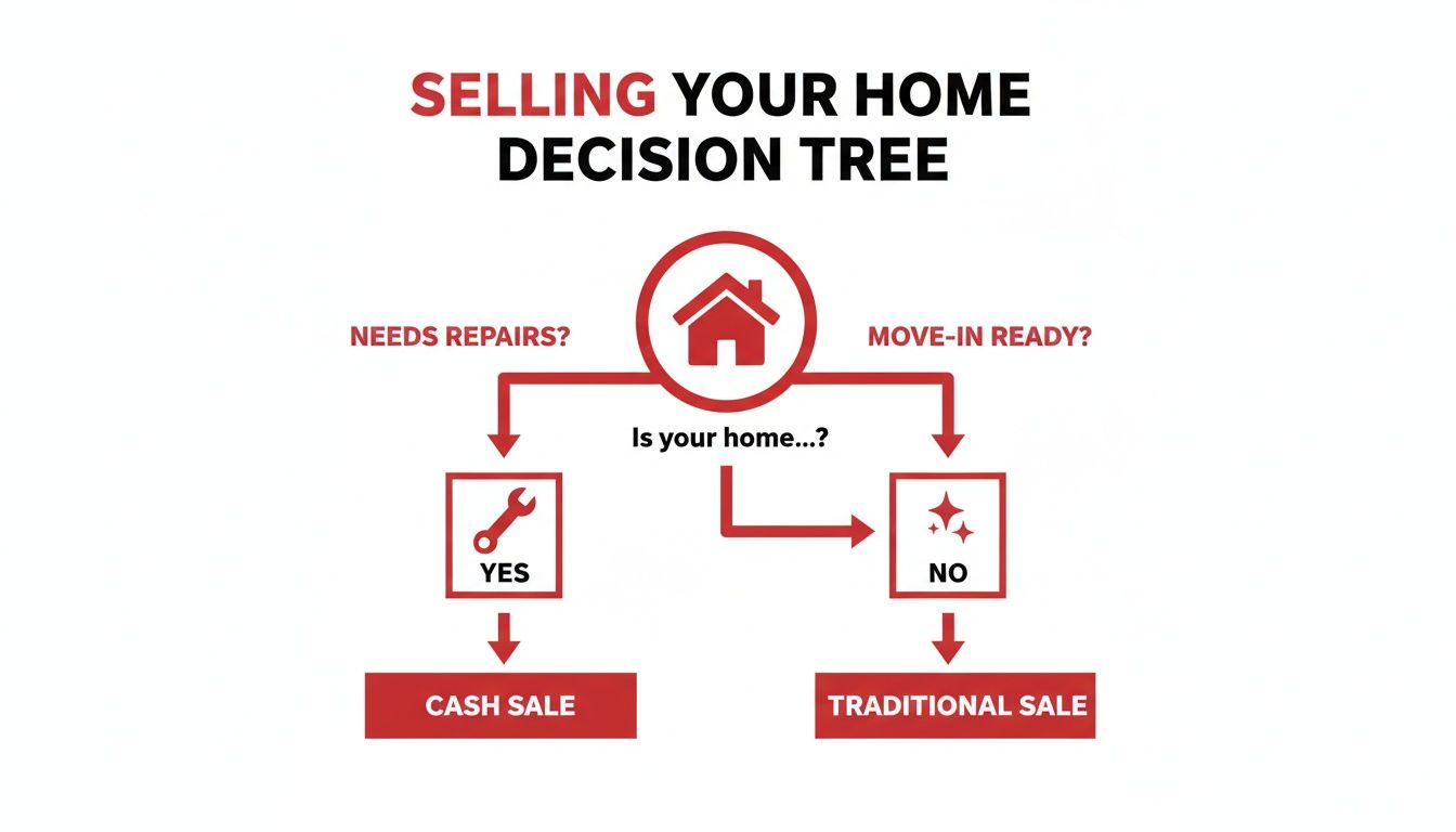 Decision tree for selling a home, recommending cash sale if repairs are needed, or traditional sale if not move-in ready.