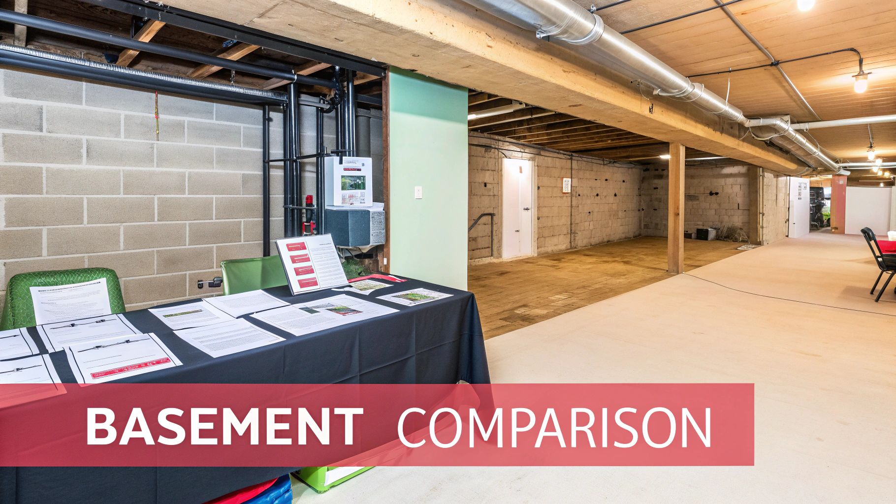 Large, partially finished basement with concrete walls, exposed pipes, and an informational table comparing finishes.