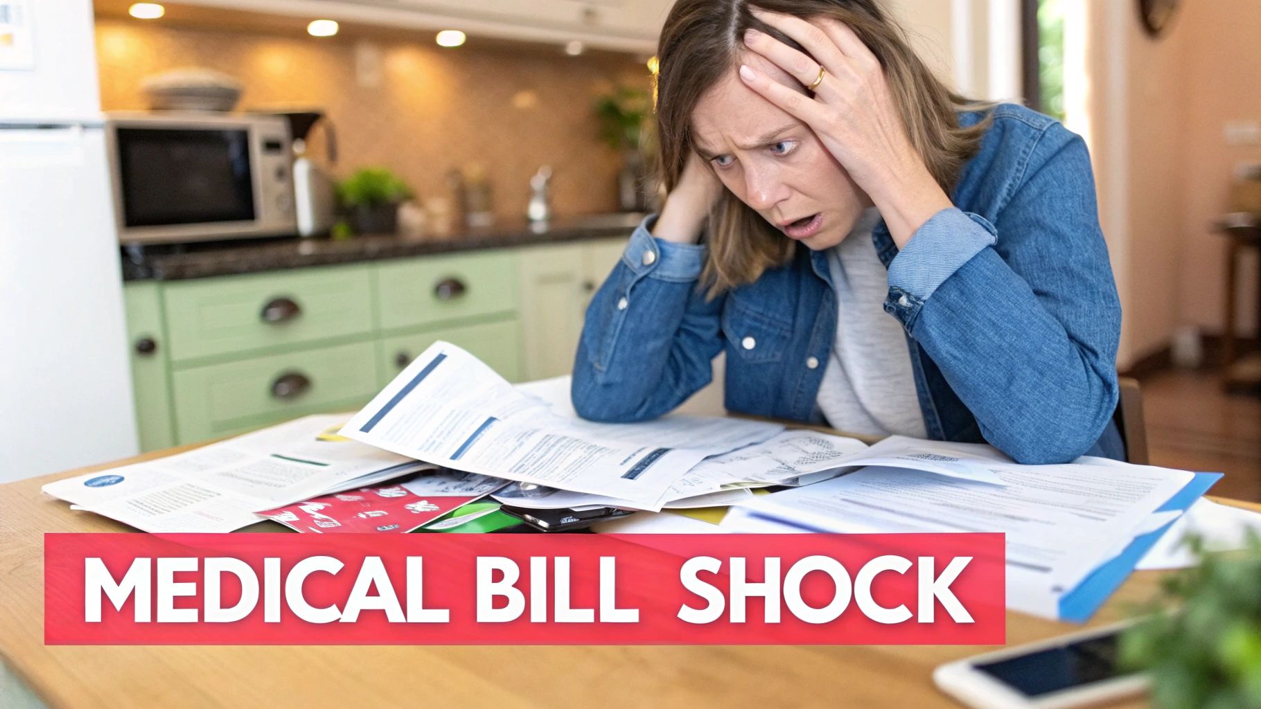 A stack of medical bills next to a house key, symbolizing financial stress.