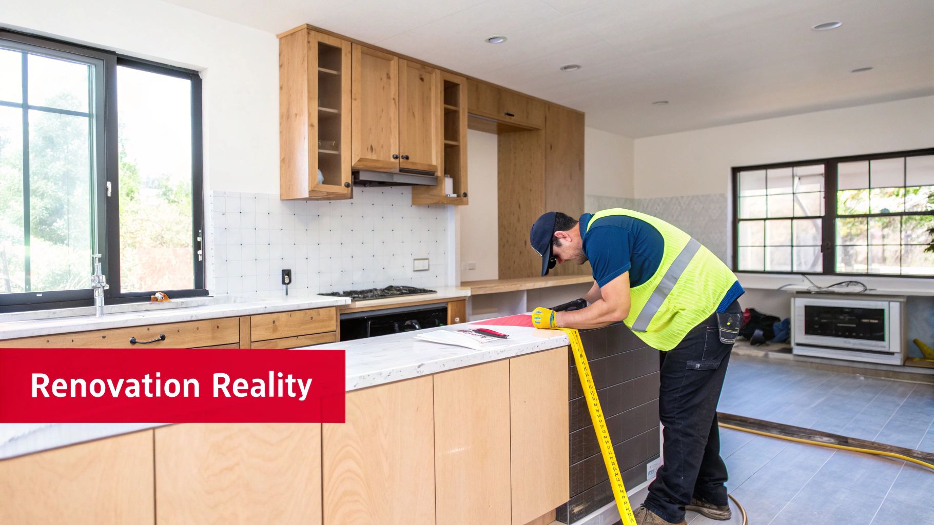 A man in a safety vest measures a kitchen island during a home renovation.