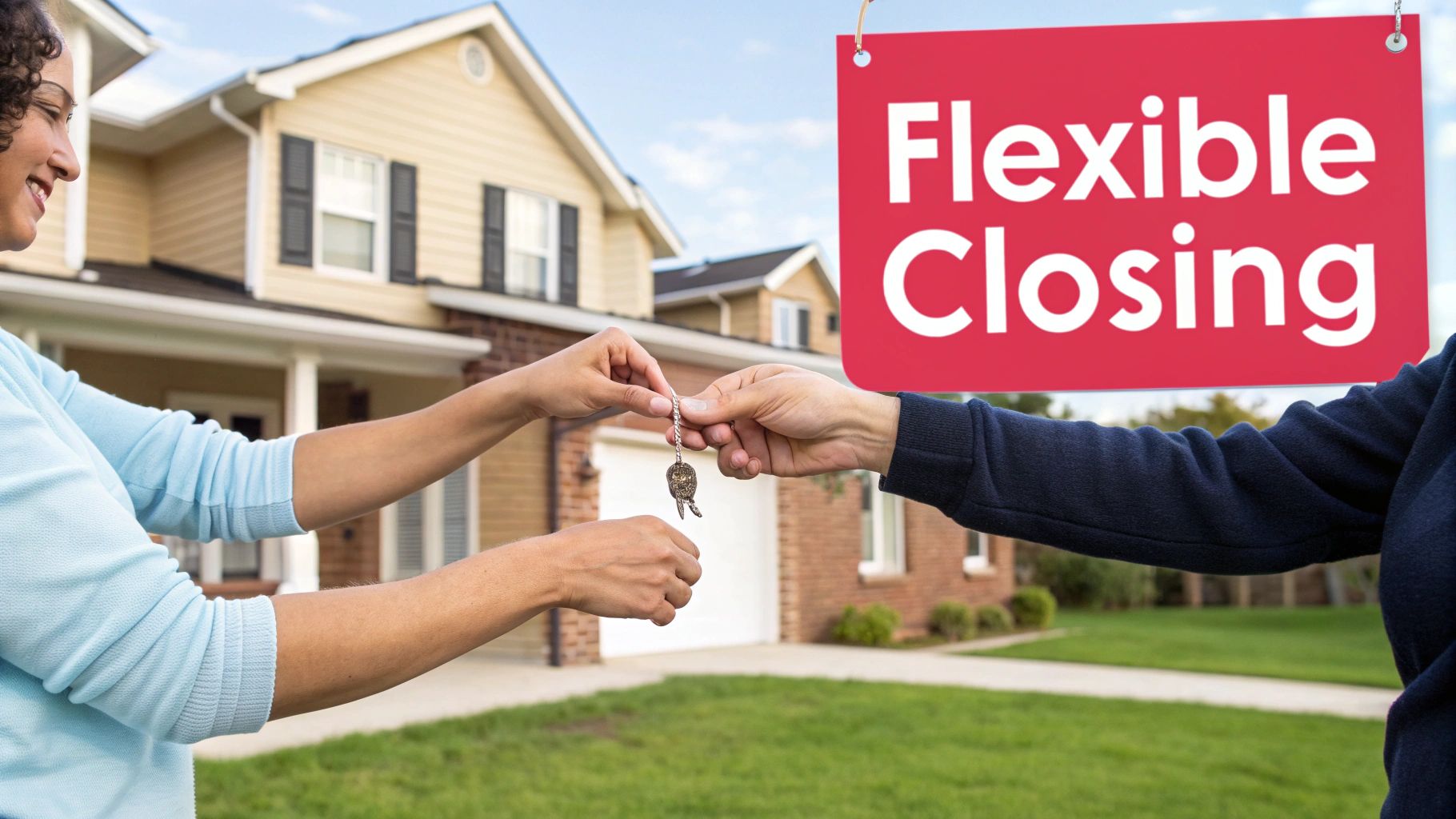 Smiling person hands house keys to another, with a 'Flexible Closing' sign above a new home.