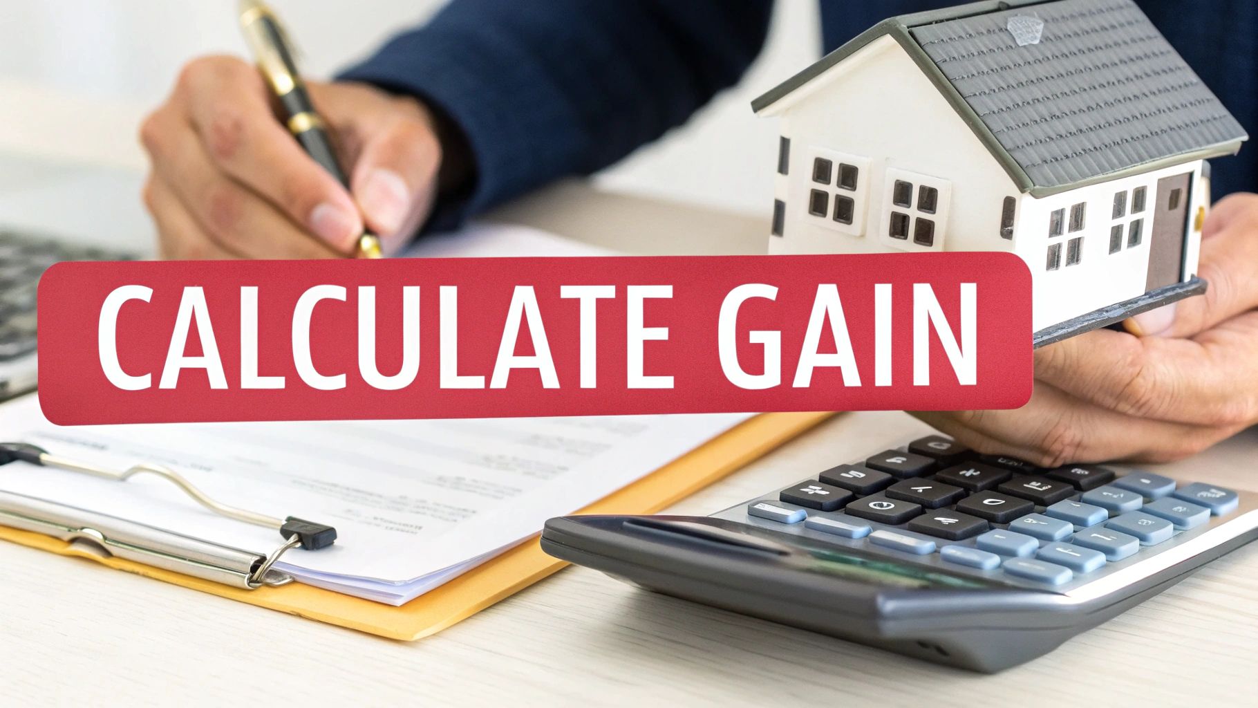 A person calculates property gain, holding a miniature house with a calculator and pen.
