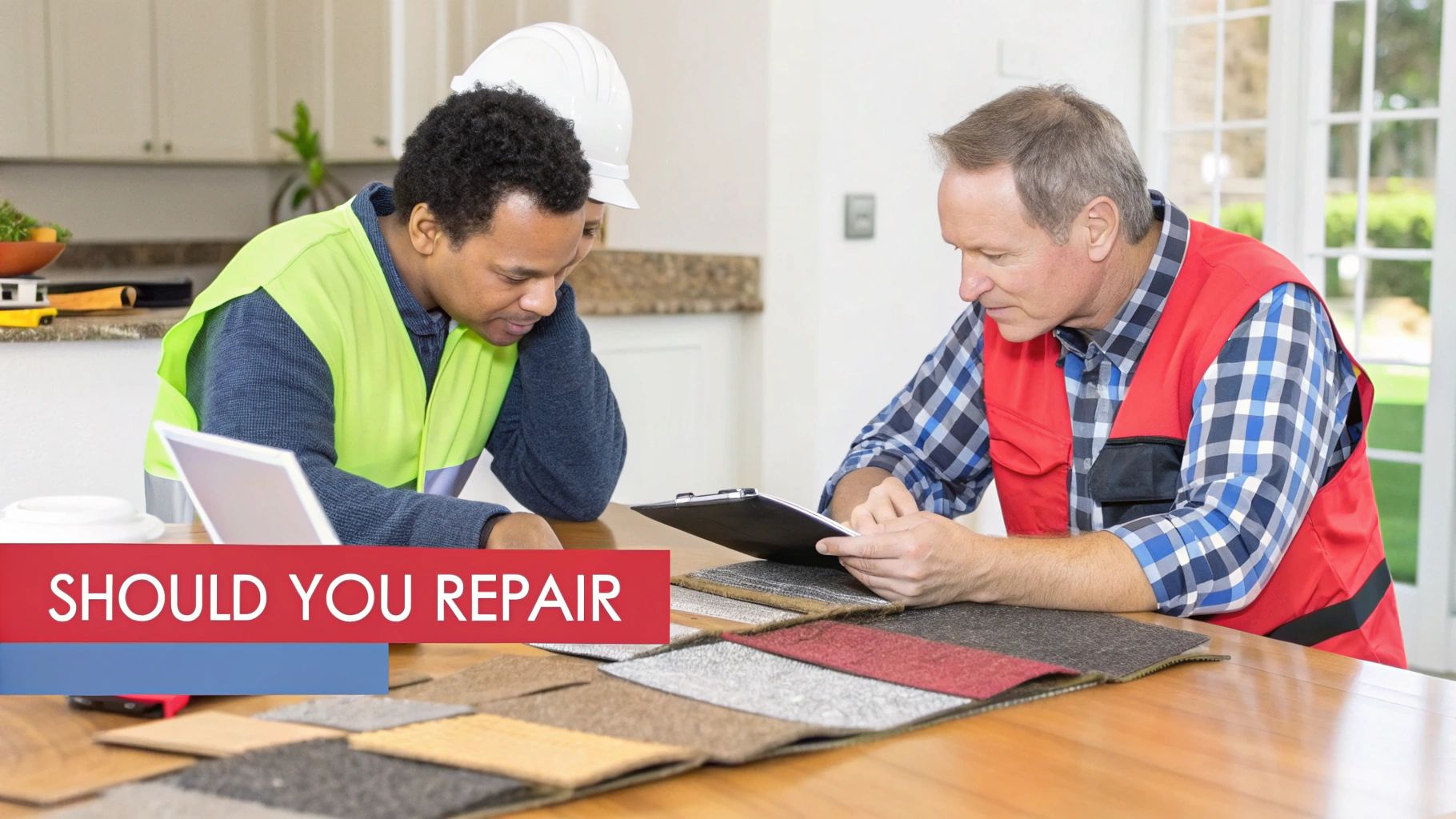 A 'For Sale' sign in front of a house that needs repairs.