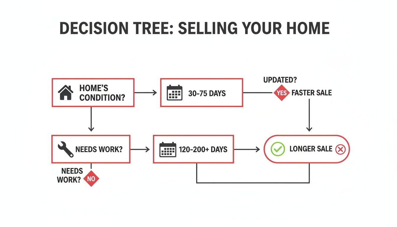 Decision tree flowchart showing home condition and updates impact sale time from 30 to 200+ days.