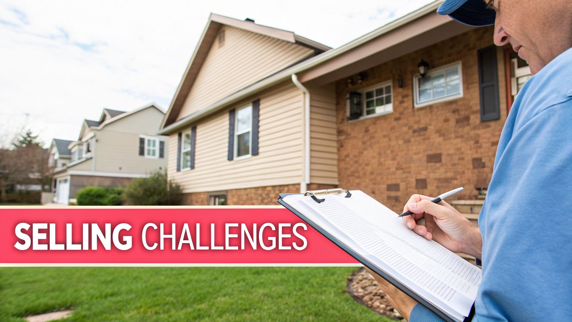 Person writing on a clipboard outside homes, addressing 'SELLING CHALLENGES' in real estate.