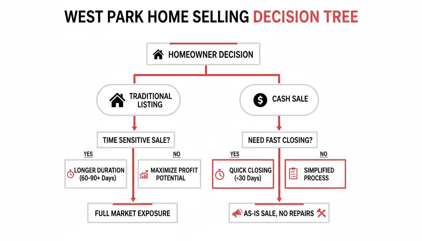 West Park home selling decision tree showing traditional listing versus cash sale options.