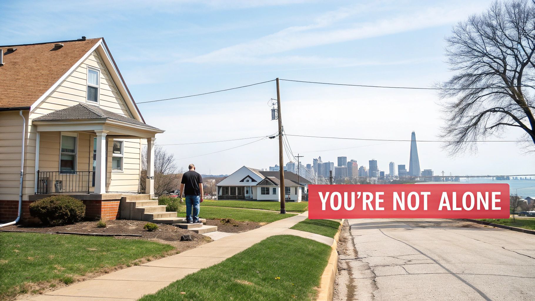 A man walks away from a house towards a street, with a city skyline and a "YOU'RE NOT ALONE" banner.