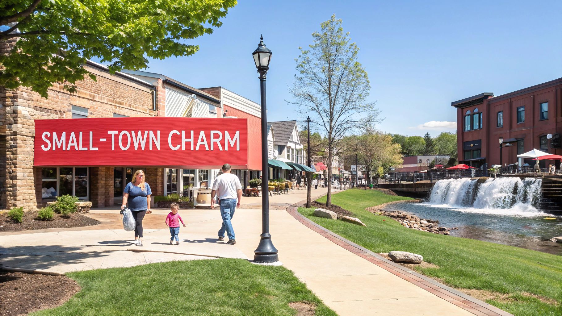 People stroll past shops and a waterfall in a charming small-town outdoor shopping area.