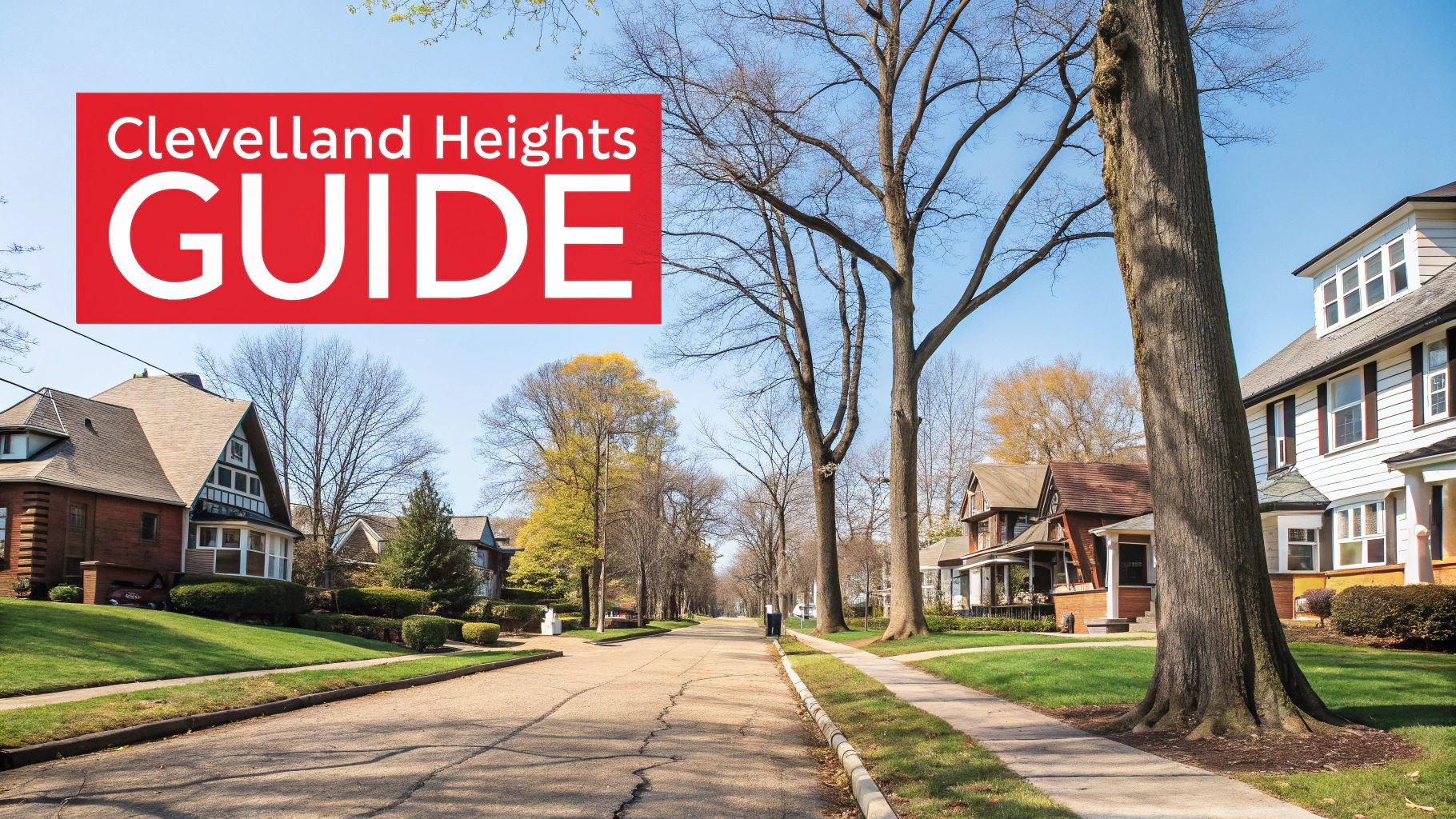 A scenic residential street in Cleveland Heights, Ohio, with houses, bare trees, and green lawns, featuring a 'Cleveland Heights GUIDE' banner.