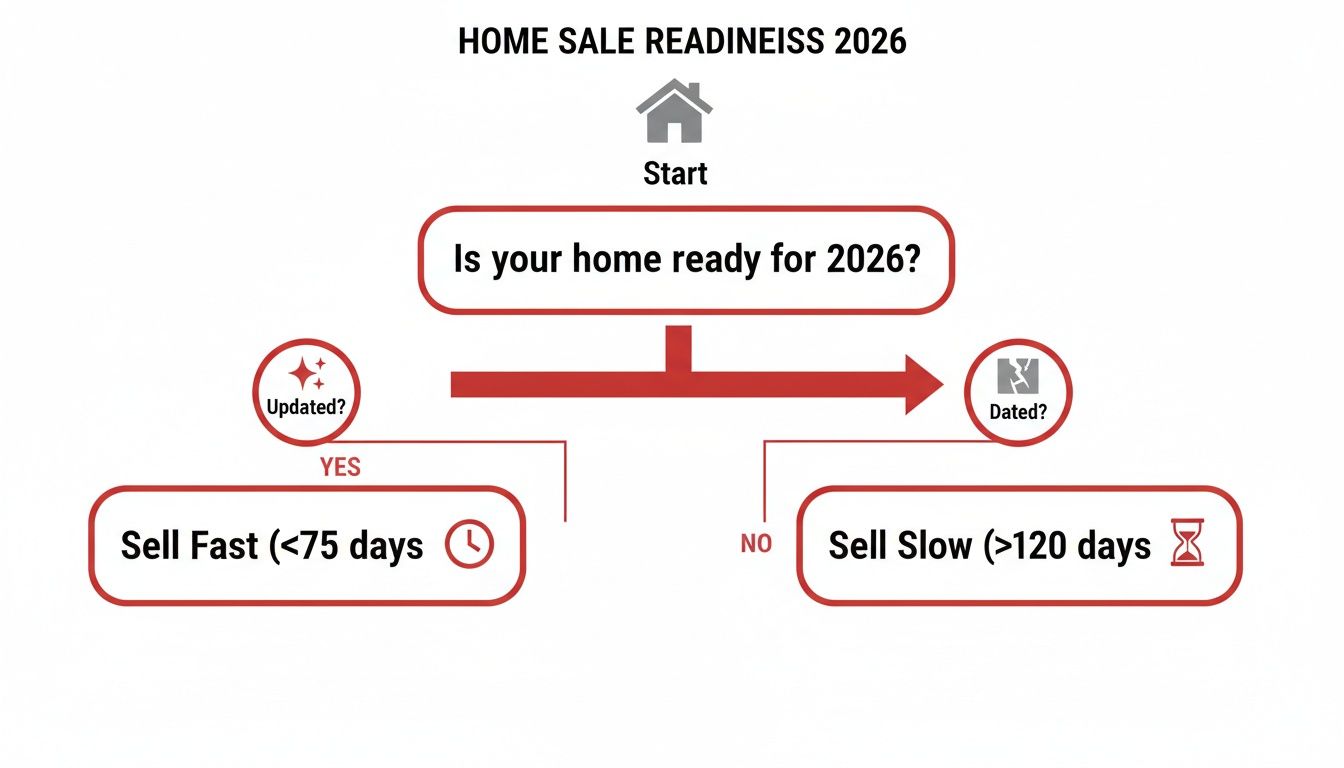 Flowchart detailing home sale readiness for 2026, evaluating if a home is updated for fast or slow selling.