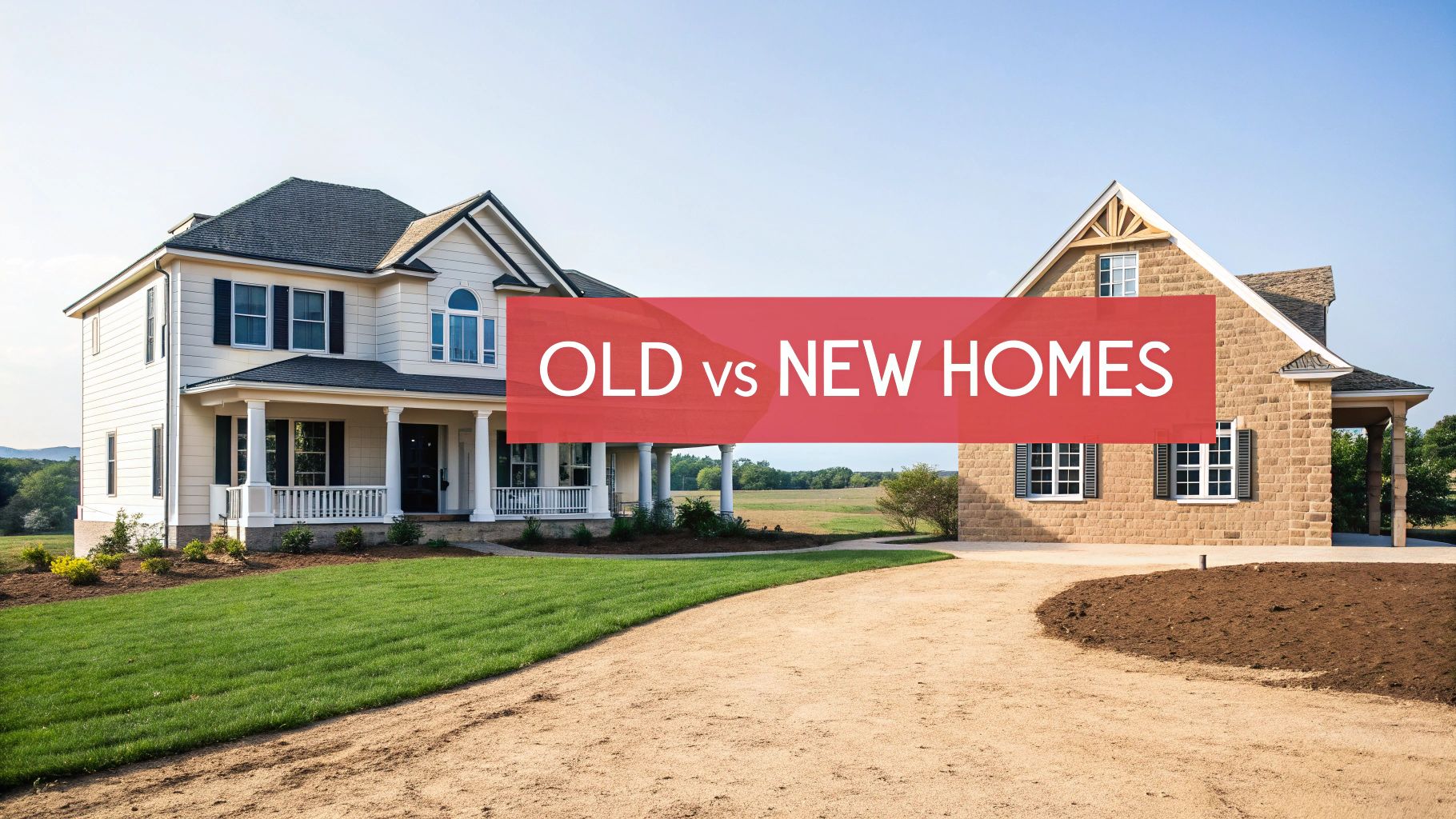 Two homes, a traditional white house and a modern stone house, under an 'OLD vs NEW HOMES' banner.