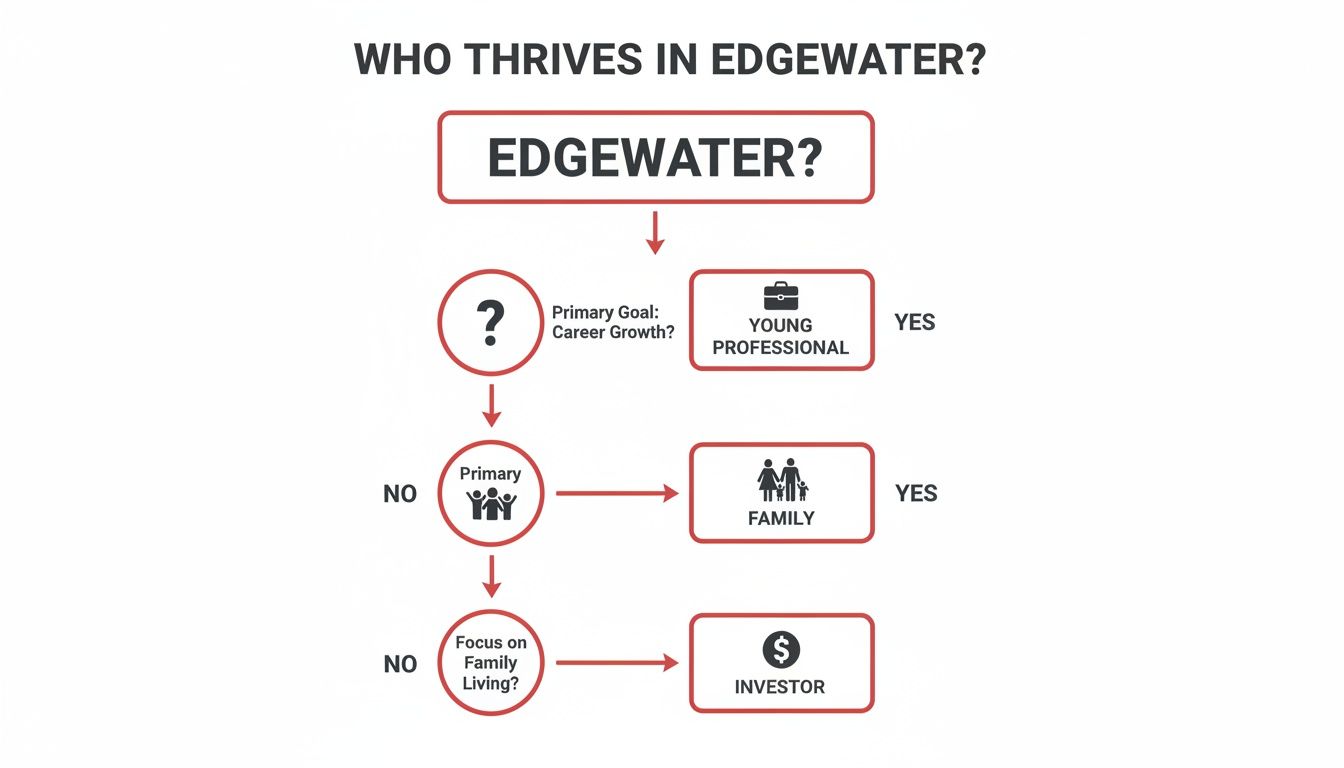 Flowchart showing who thrives in Edgewater: Young Professionals, Families, and Investors.