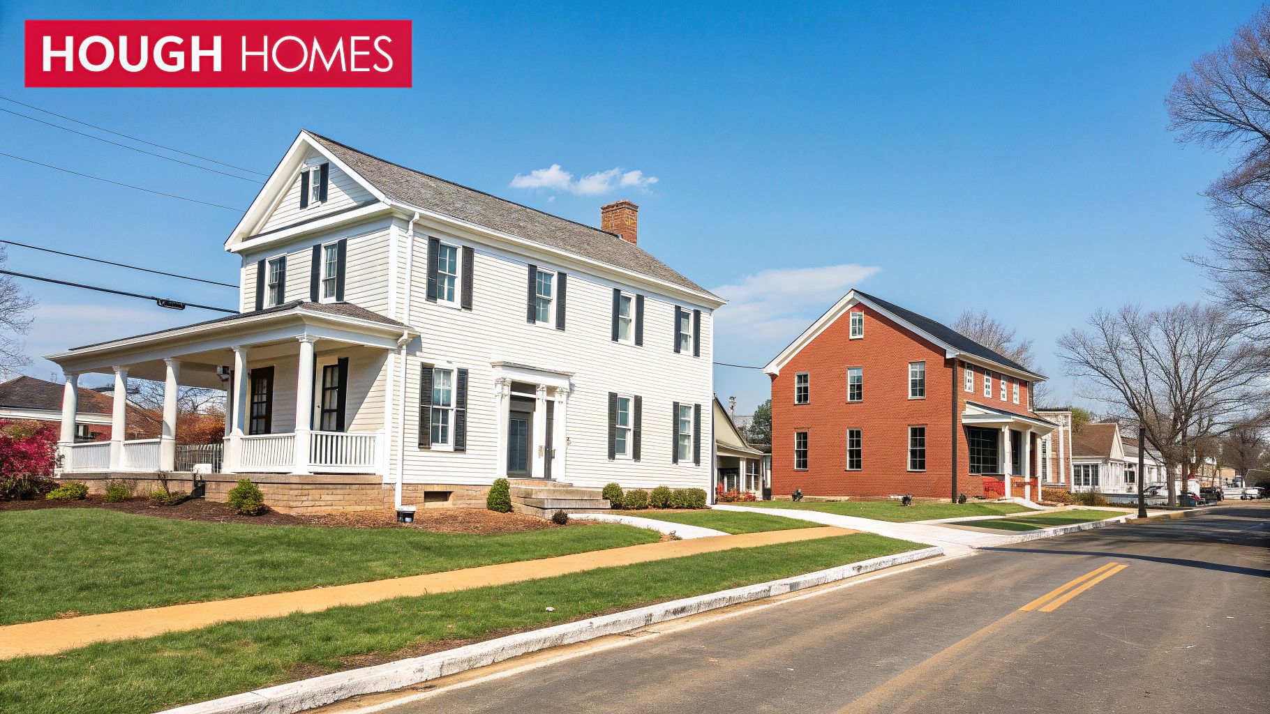 A picturesque street view showcasing classic American homes, one white and one red brick, with green lawns.