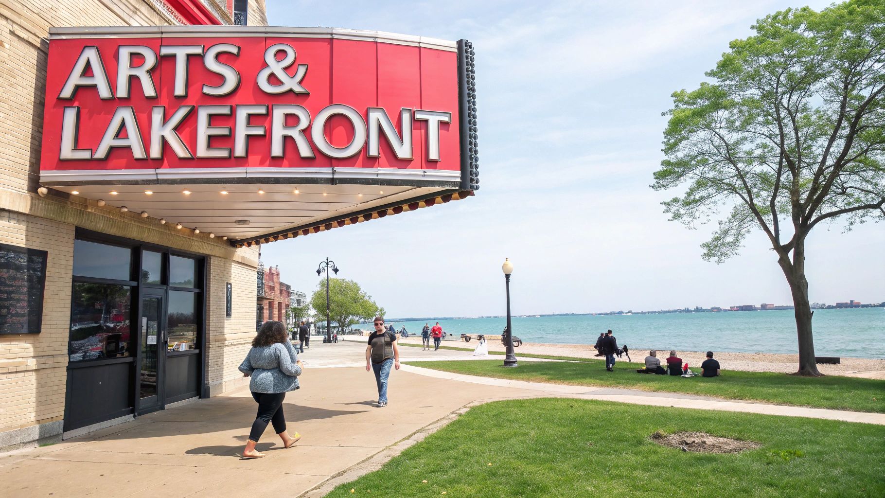 A red "ARTS & LAKEFRONT" sign above a building with people walking by a lake.