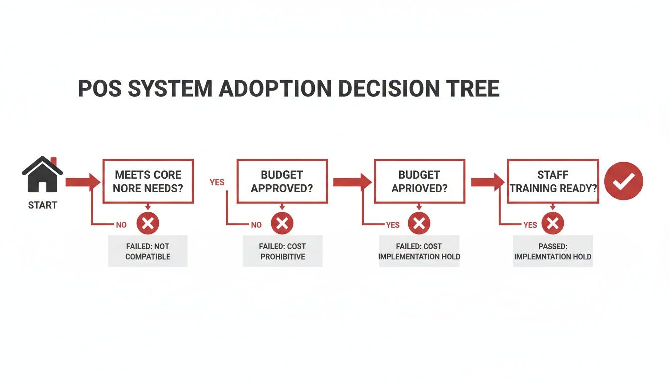 Flowchart illustrating a POS system adoption decision tree with steps for core needs, budget, and staff readiness.