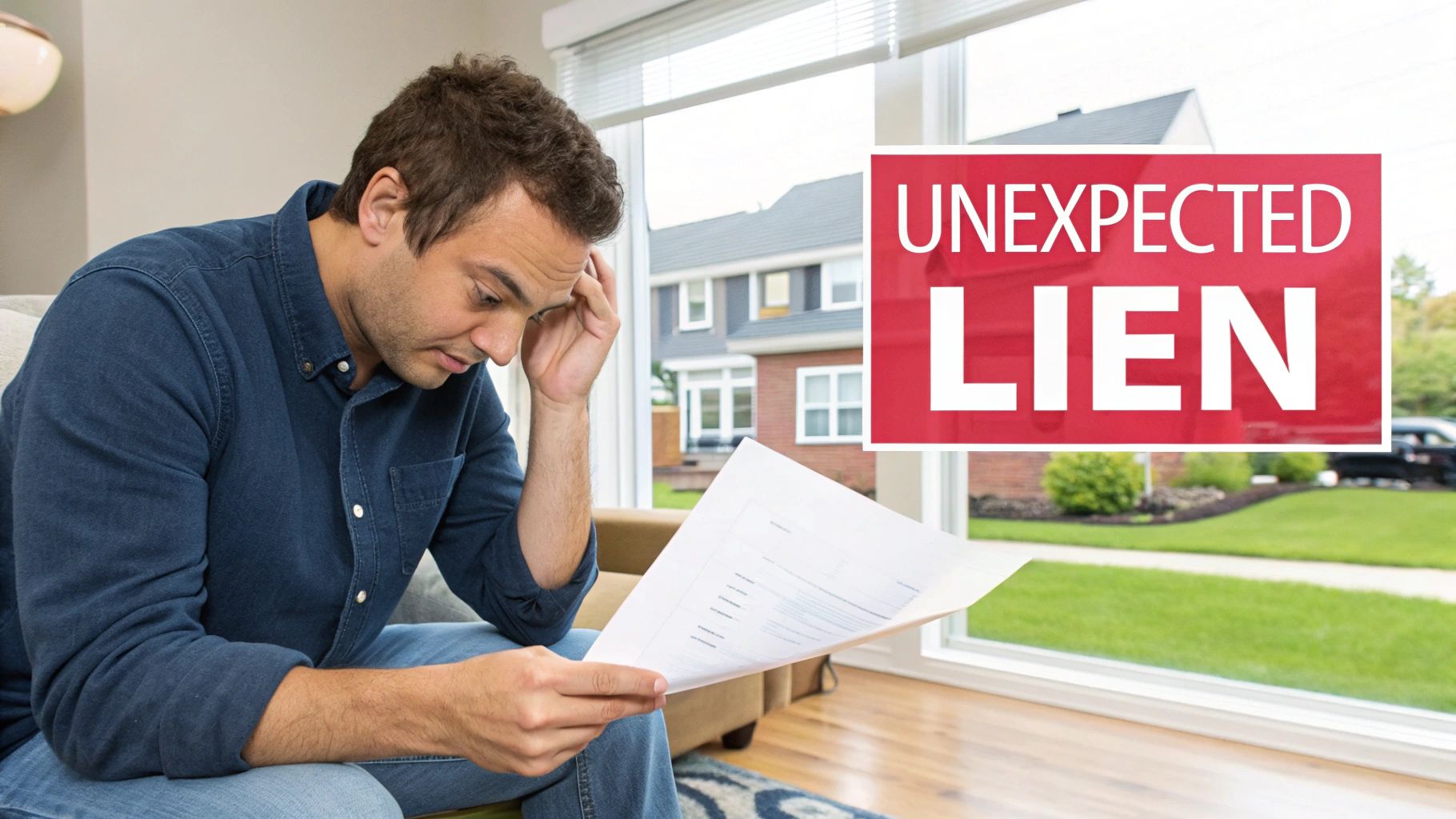 A worried man sits indoors, reading papers, with an "UNEXPECTED LIEN" sign outside.