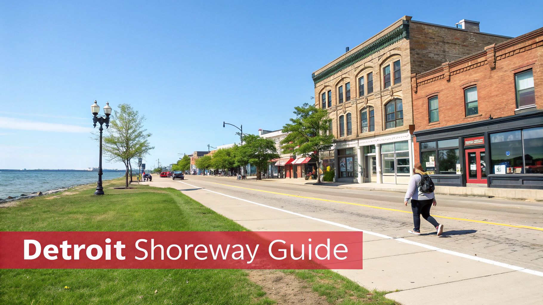 A sunny day view of the Detroit Shoreway with historic buildings, a street, and a waterfront path.