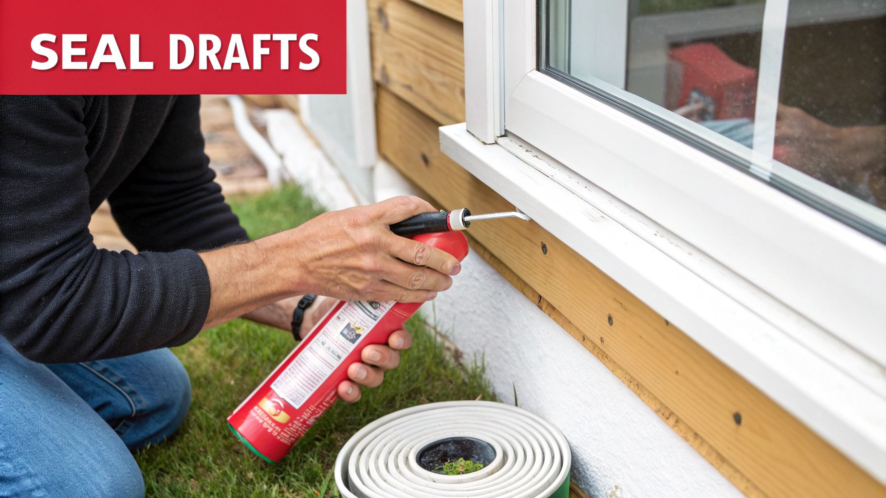 Person sealing a house window frame with caulk to prevent drafts and save energy.