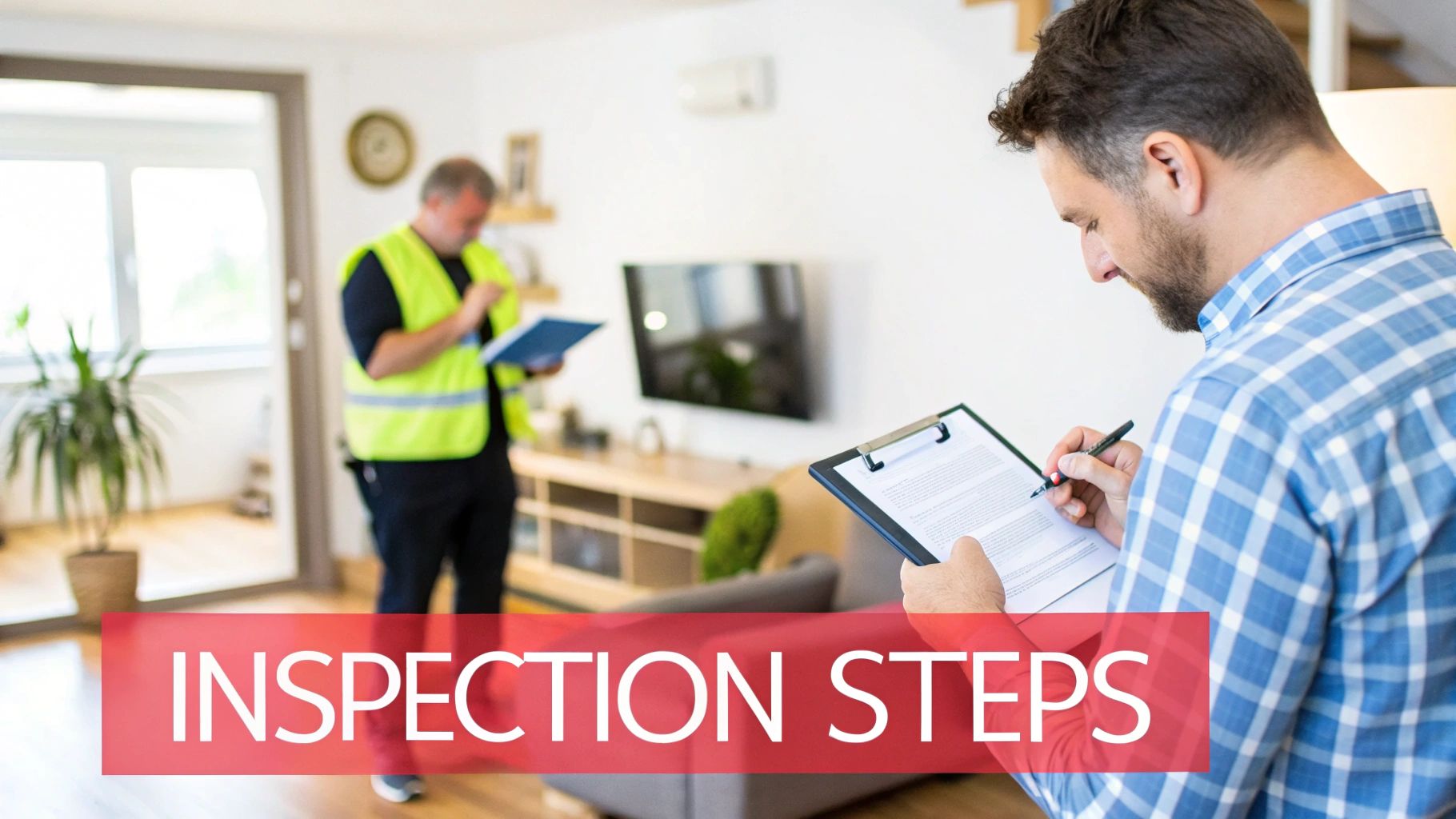A close-up shot of a clipboard with an inspection checklist on it, held by a person in a work shirt.