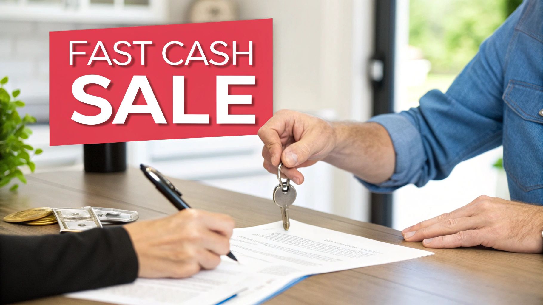 A smiling couple receiving keys to their new home from a real estate professional.