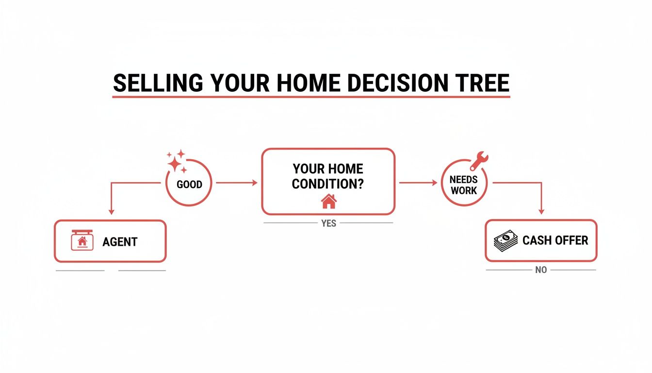 Decision tree guiding home sellers: good condition leads to an agent, while needs work suggests a cash offer.