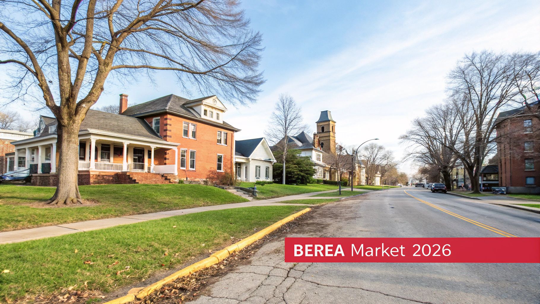 Residential street in Berea, Ohio, with historic brick homes, a large tree, and a distant church.