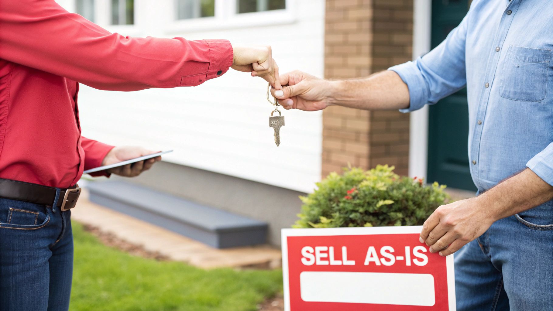 A real estate agent hands house keys to a buyer in front of a 'SELL AS-IS' sign.
