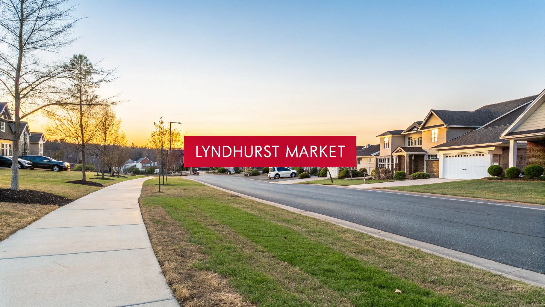A vibrant sunset over a suburban street featuring homes and a 'LYNDH-URST MARKET' banner.