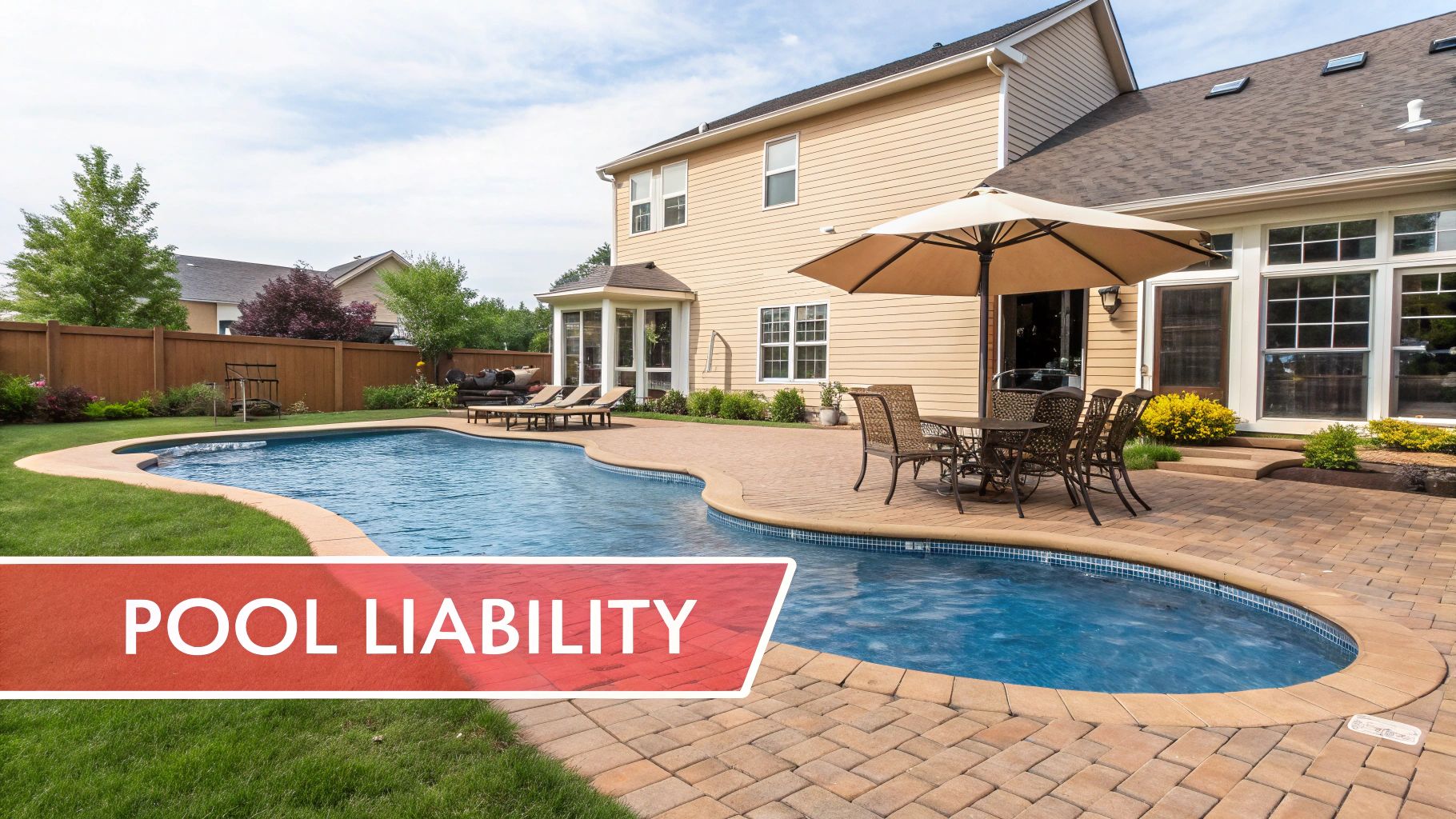 Luxury backyard swimming pool with patio furniture and pool liability insurance text overlay