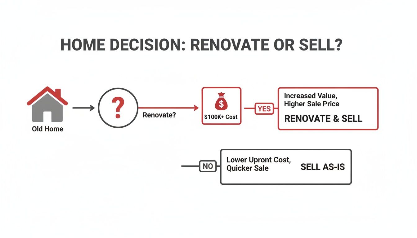 Flowchart guiding homeowners on deciding whether to renovate and sell or sell their old home as-is.