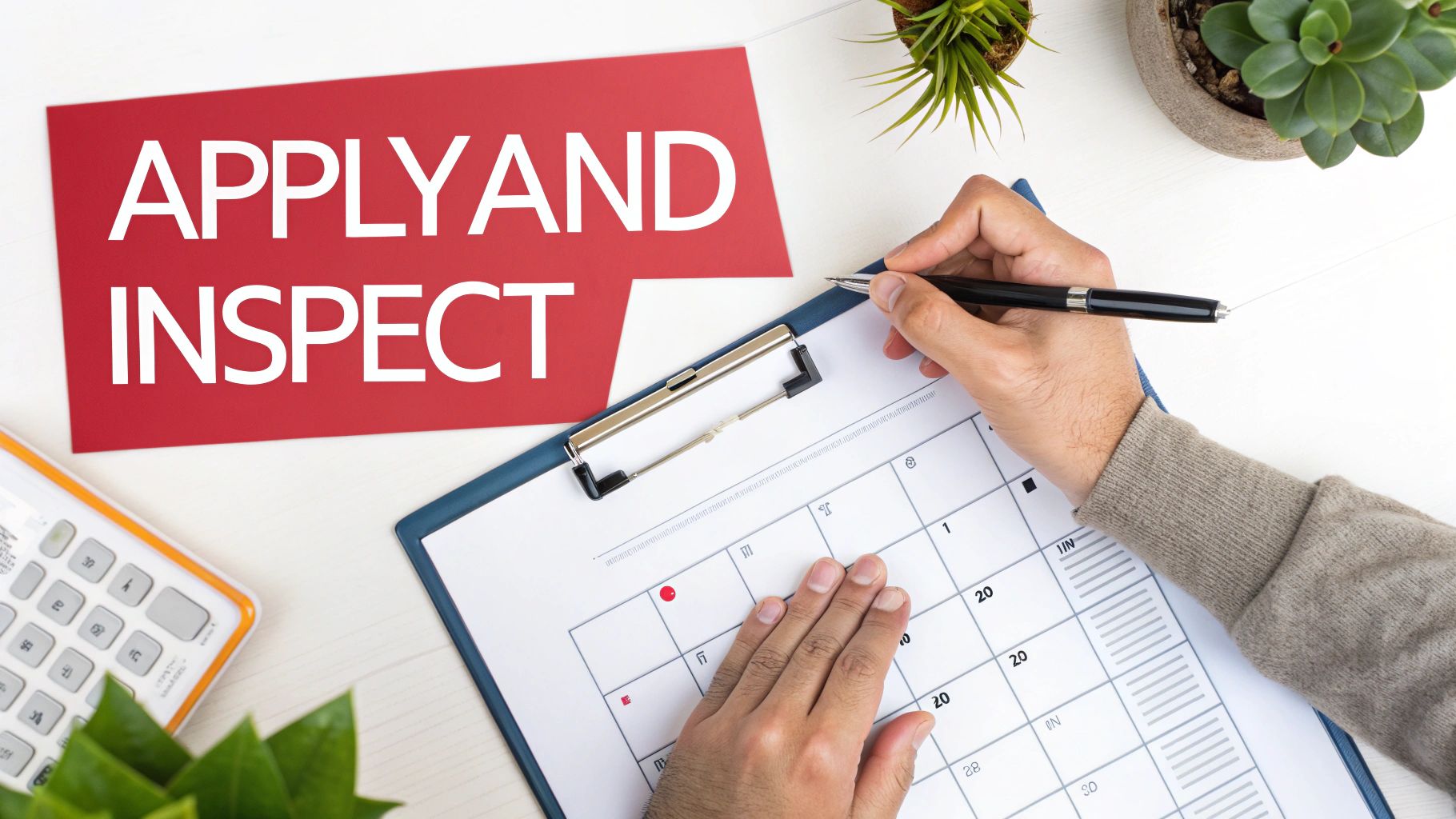 A clipboard with an inspection checklist sits on a wooden table, representing the official process of a home inspection.