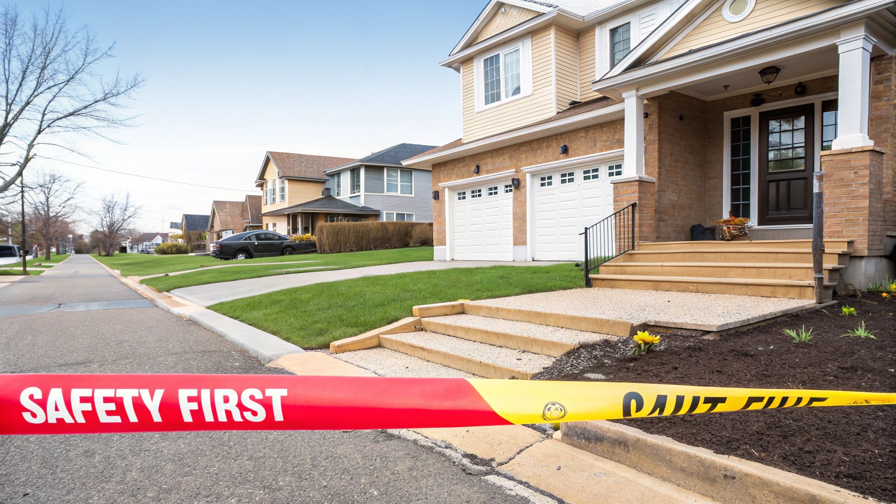 A Cleveland home with visible fire damage, boarded-up windows, and yellow caution tape.