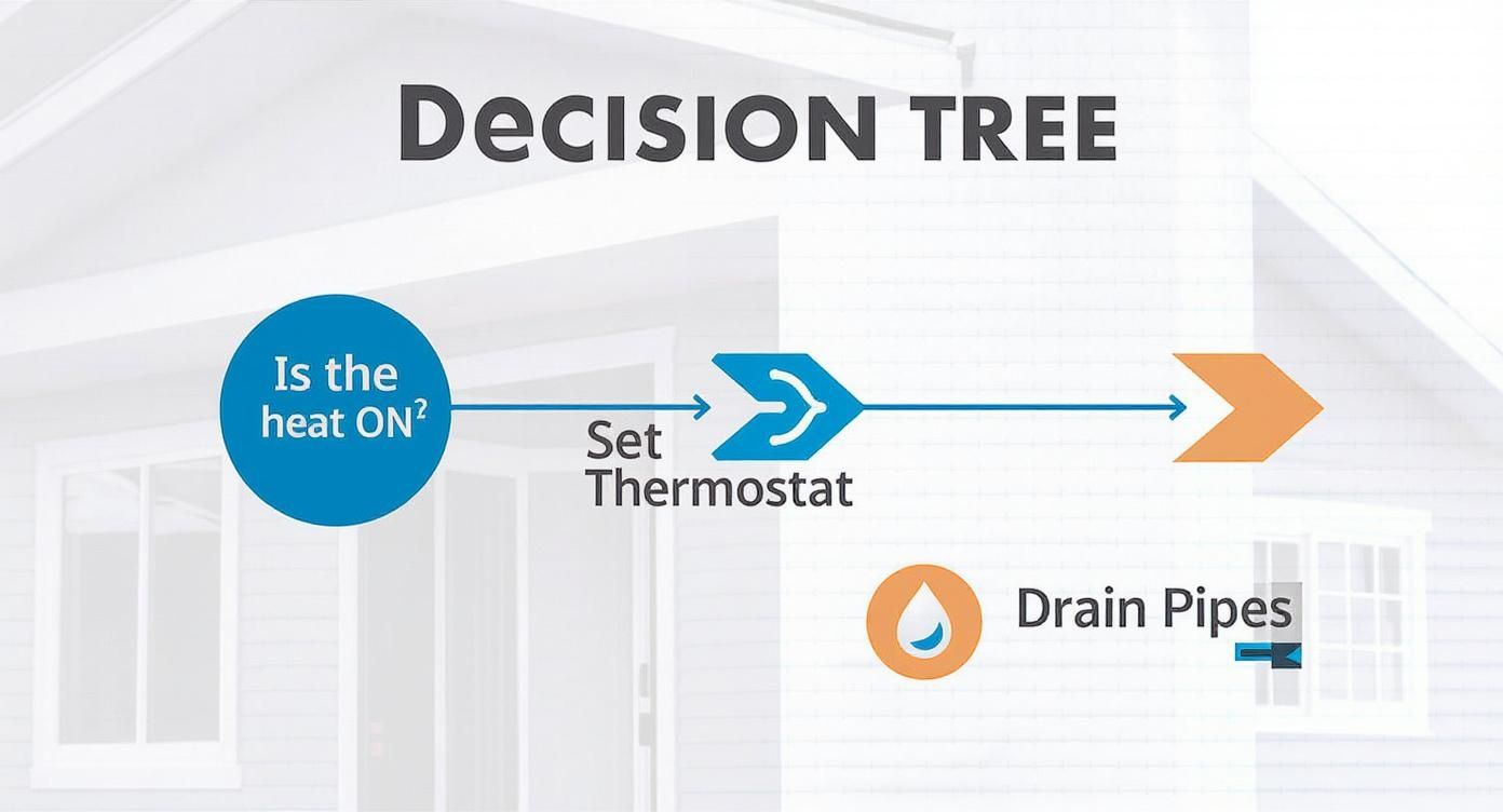 Decision tree flowchart showing steps for home heat: Is heat on? Set thermostat, or drain pipes.