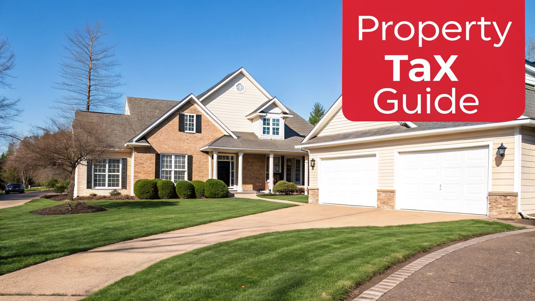A large house with a green lawn, driveway, and garage under a clear blue sky, featuring a 'Property Tax Guide' overlay.